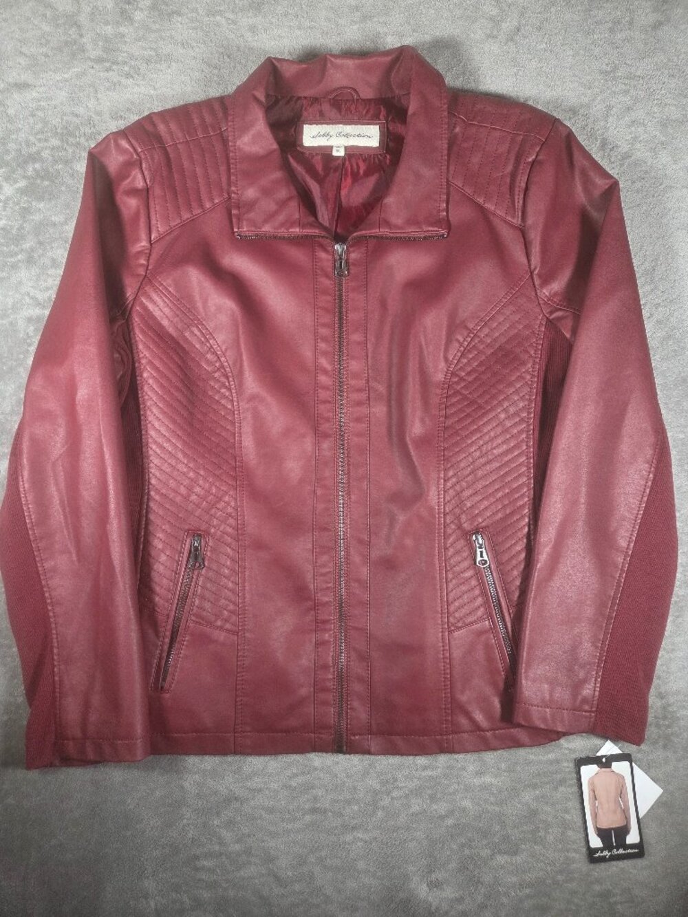 Sebby Collection Women's XXL Burgundy Red Faux Leather Jacket Ribbed Detail